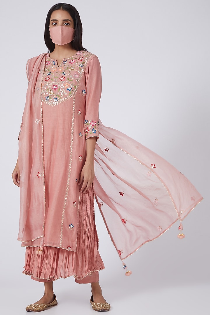 Rose Gold Hand Embroidered Kurta Set by Made in Pinkcity