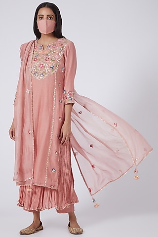 Rose Gold Hand Embroidered Kurta Set by Made in Pinkcity