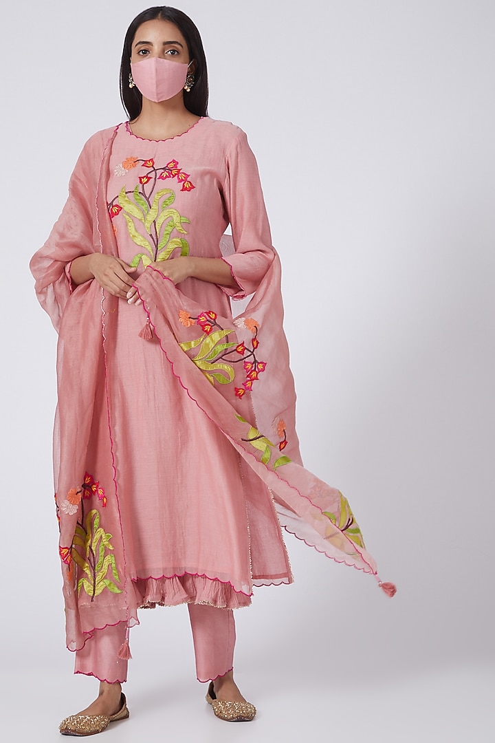 Rose Gold Embroidered Kurta Set by Made in Pinkcity