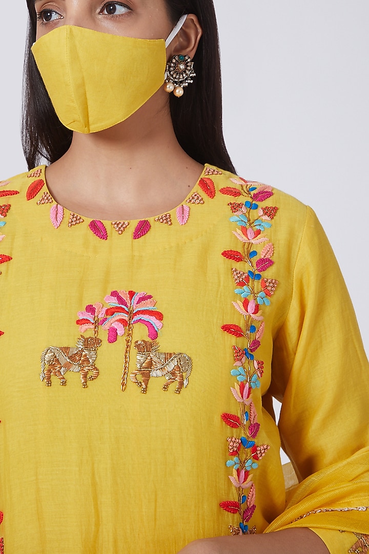 Mustard Hand Embroidered Kurta Set by Made in Pinkcity at Pernia's Pop Up Shop