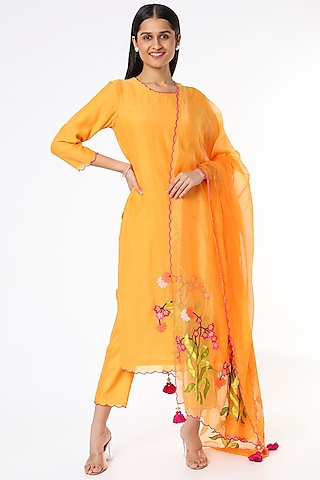 Mustard Chanderi Kurta Set by Made in Pinkcity