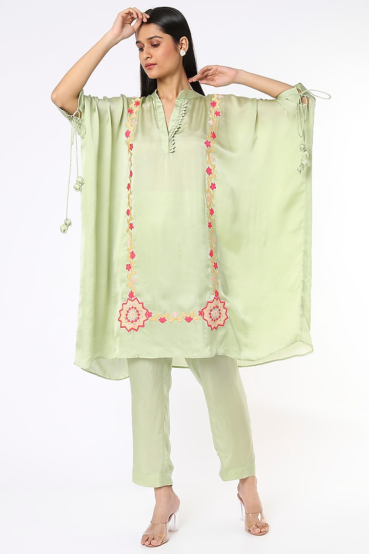 Pista Green Satin Blend Kaftan Set by Made in Pinkcity