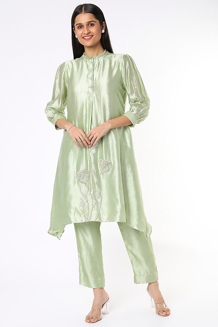 Pista Green Hand Embroidered Kurta Set by Made in Pinkcity