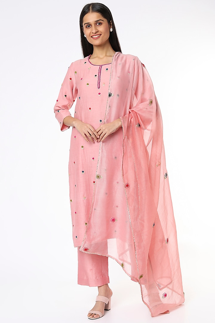 Rose Gold Embroidered Kurta Set by Made in Pinkcity