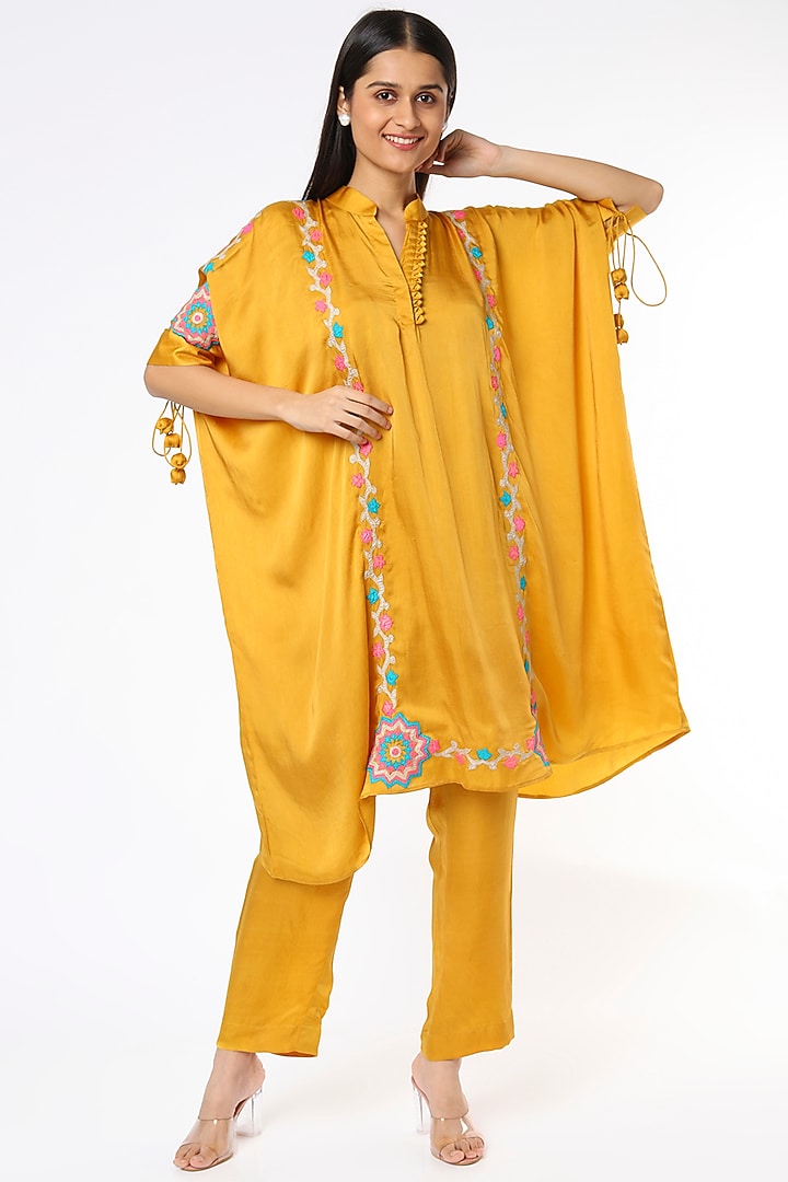 Mustard Satin Blend Kaftan Set by Made in Pinkcity at Pernia's Pop Up Shop