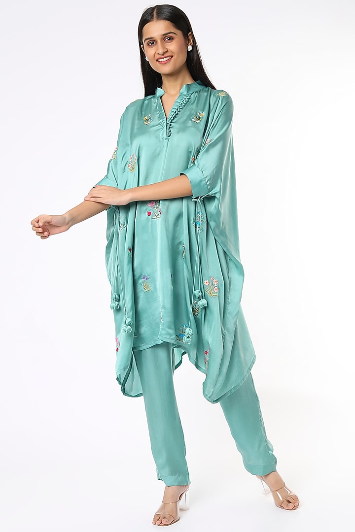 Sea Blue Satin Blend Kaftan Set by Made in Pinkcity at Pernia's Pop Up Shop