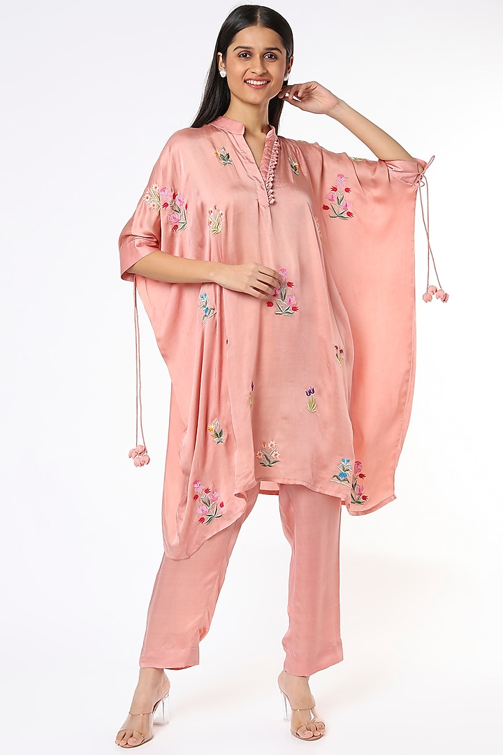 Rose Gold Satin Embroidered Kaftan Set by Made in Pinkcity