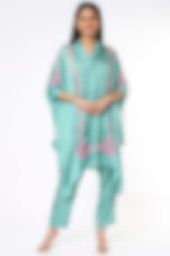 Sea Blue Embroidered Kaftan Set by Made in Pinkcity