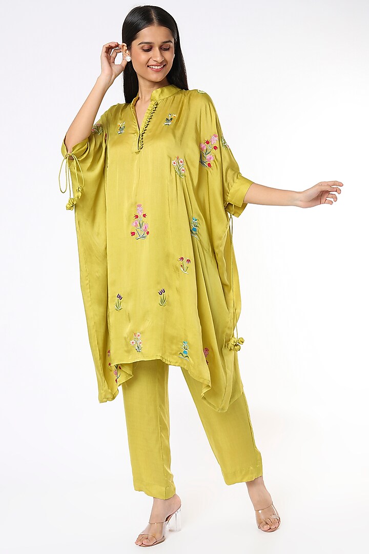 Green Satin Embroidered Kaftan Set by Made in Pinkcity