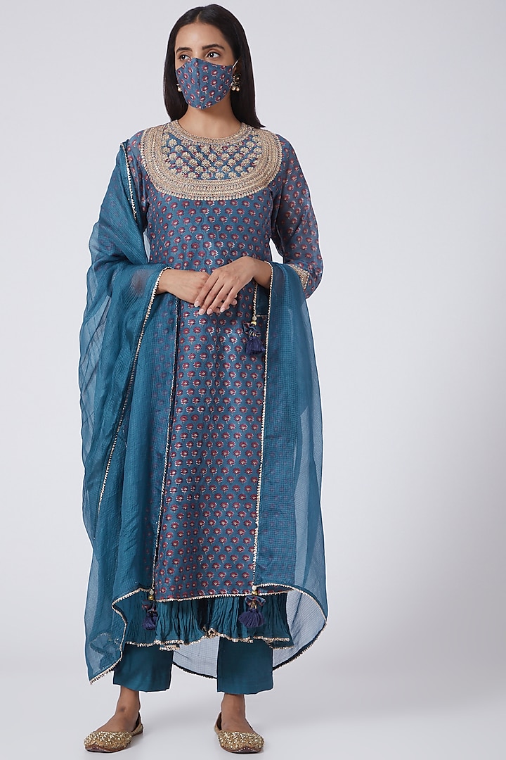 Blue Printed & Embroidered Kurta Set by Made in Pinkcity