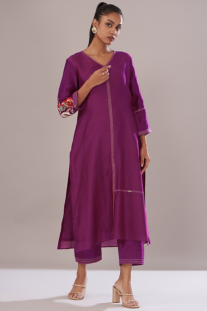 Purple Chanderi Embroidered Jacket Set by Made in Pinkcity at Pernia's Pop Up Shop