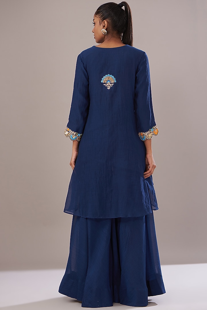 Navy Blue Chanderi Gharara Set by Made in Pinkcity at Pernia's Pop Up Shop