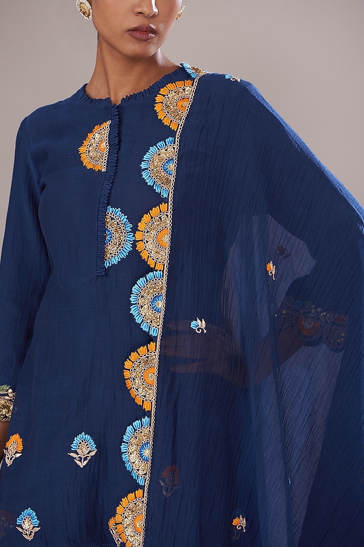 Navy Blue Chanderi Gharara Set by Made in Pinkcity at Pernia's Pop Up Shop