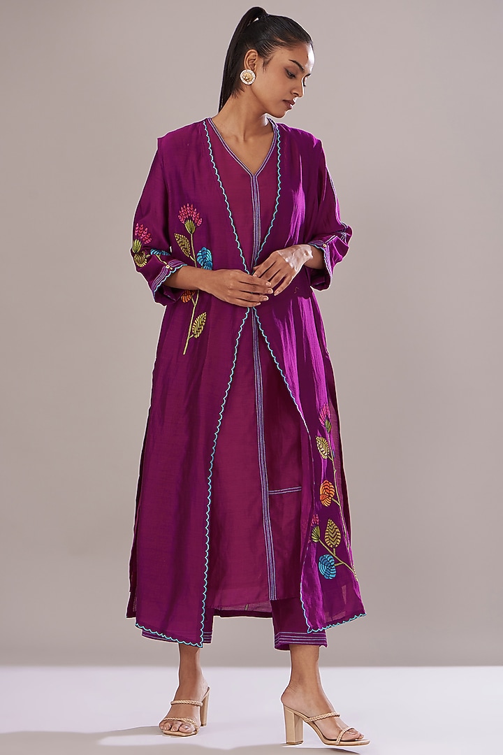 Purple Chanderi Embroidered Jacket Set by Made in Pinkcity at Pernia's Pop Up Shop