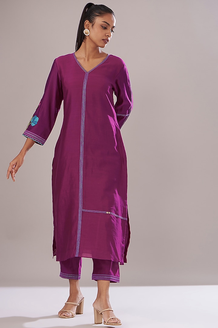 Purple Chanderi Embroidered Jacket Set by Made in Pinkcity at Pernia's Pop Up Shop