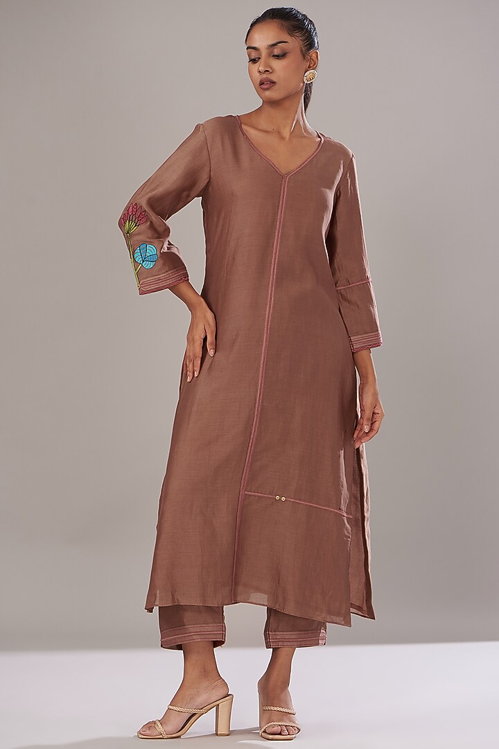 Brown Chanderi Embroidered Jacket Set by Made in Pinkcity at Pernia's Pop Up Shop