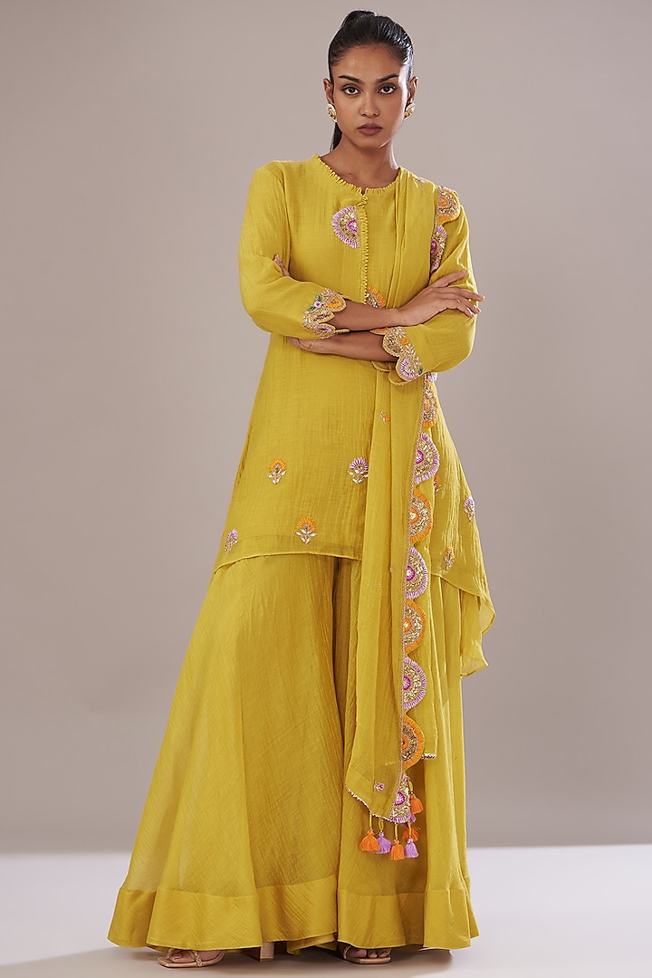 Yellow Chanderi Gharara Set by Made in Pinkcity