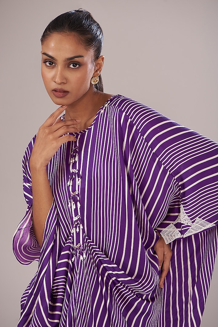 Purple Modal Satin Printed Draped Cowl Kaftan Set by Made in Pinkcity at Pernia's Pop Up Shop