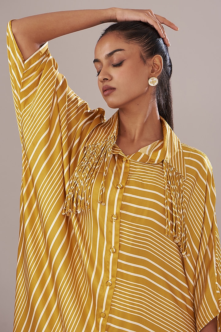 Mustard Blue Modal Satin Printed Kaftan Set by Made in Pinkcity at Pernia's Pop Up Shop