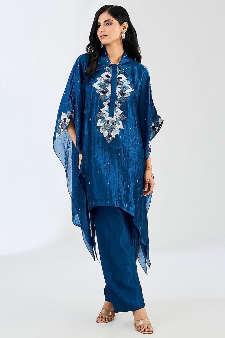 Midnight Blue Kora Silk Cutdana Work Kaftan Set by Made in Pinkcity at Pernia's Pop Up Shop