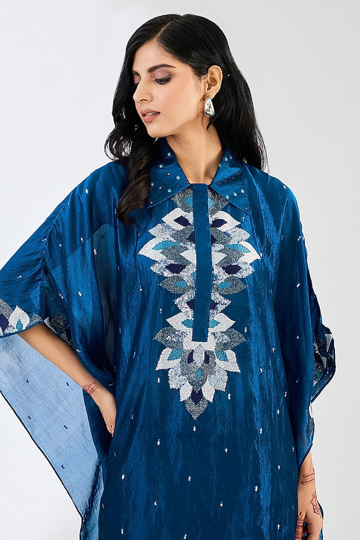 Midnight Blue Kora Silk Cutdana Work Kaftan Set by Made in Pinkcity at Pernia's Pop Up Shop