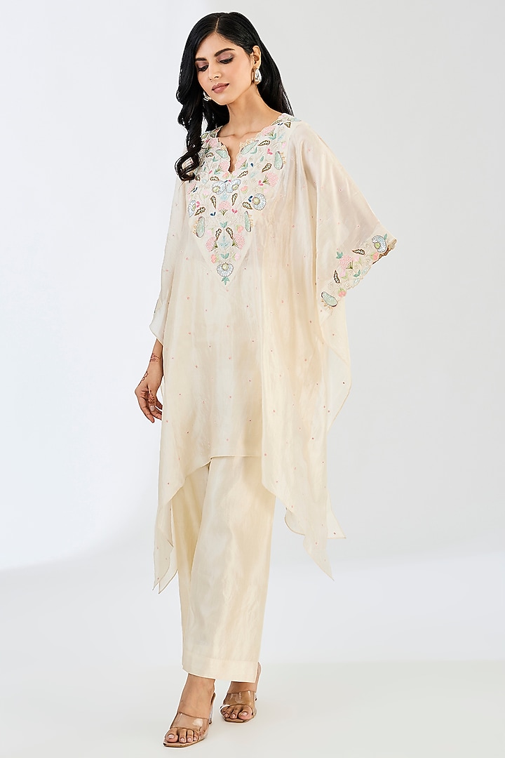 White Kora Silk Cutdana Work Kaftan Set by Made in Pinkcity at Pernia's Pop Up Shop