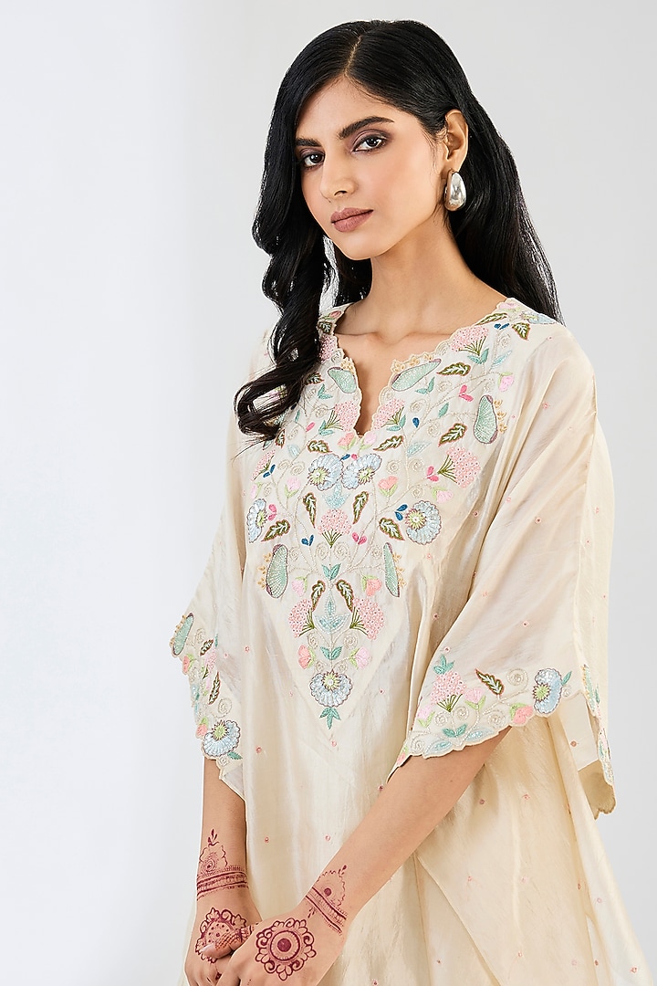 White Kora Silk Cutdana Work Kaftan Set by Made in Pinkcity at Pernia's Pop Up Shop