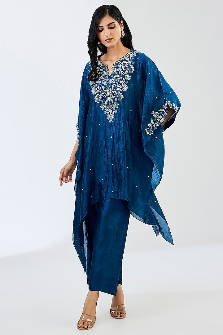 Midnight Blue Kora Silk Cutdana Work Kaftan Set by Made in Pinkcity at Pernia's Pop Up Shop