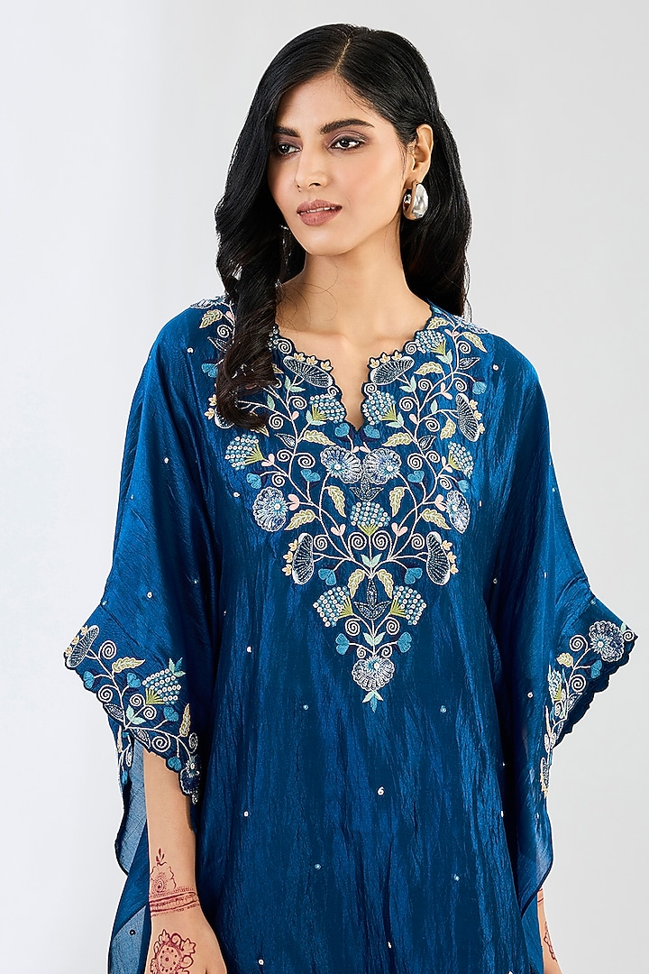 Midnight Blue Kora Silk Cutdana Work Kaftan Set by Made in Pinkcity at Pernia's Pop Up Shop