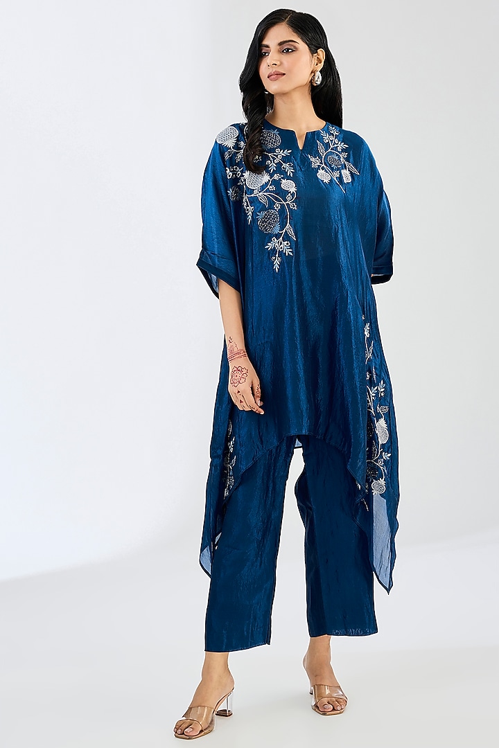 Midnight Blue Kora Silk Cutdana Work Kaftan Set by Made in Pinkcity at Pernia's Pop Up Shop