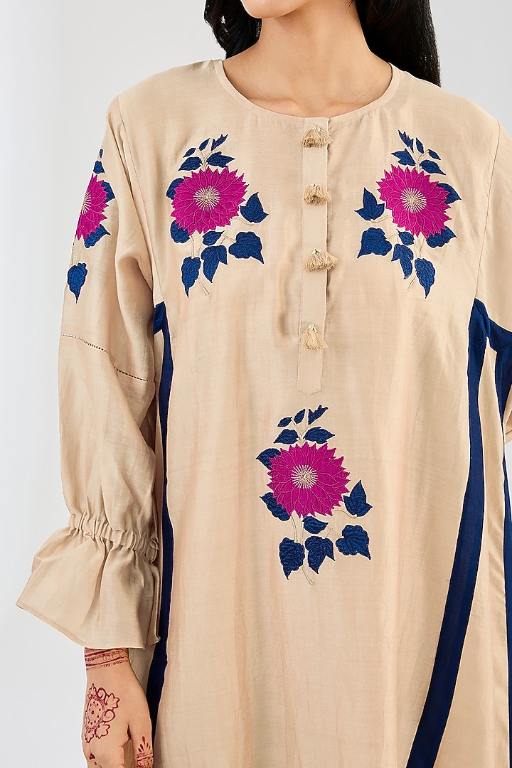 Champagne Chanderi Patch Work Kurta Set by Made in Pinkcity at Pernia's Pop Up Shop