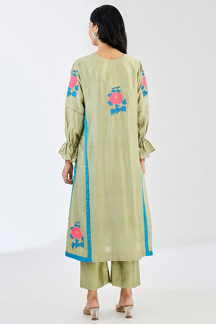 Green Chanderi Applique Work Kurta Set by Made in Pinkcity at Pernia's Pop Up Shop