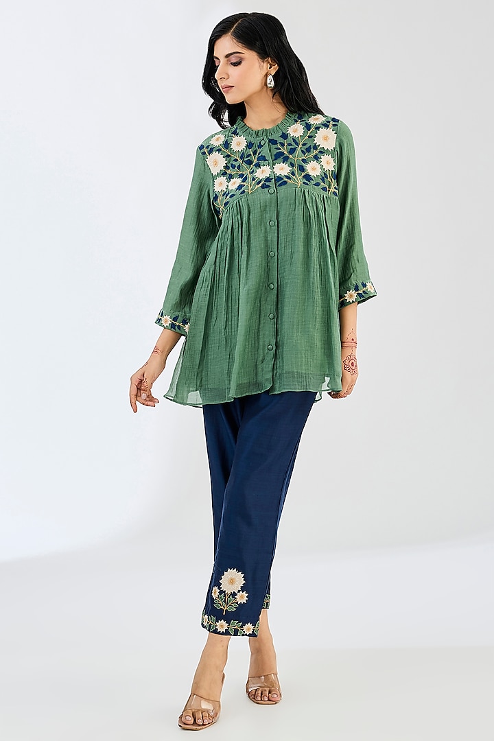 Sage Green Chanderi Applique Work Co-Ord Set by Made in Pinkcity at Pernia's Pop Up Shop