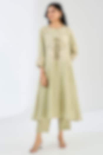 Pista Green Chanderi Thread Work Anarkali Set by Made in Pinkcity at Pernia's Pop Up Shop