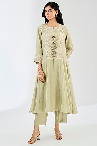 Pista Green Chanderi Thread Work Anarkali Set by Made in Pinkcity