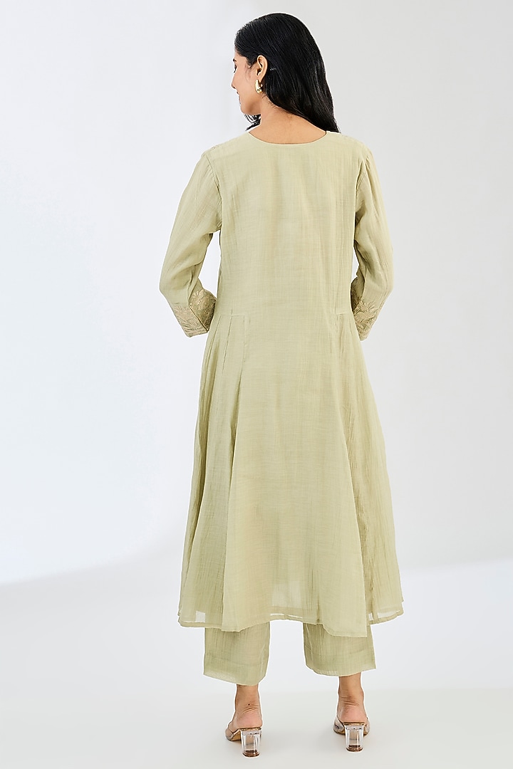 Pista Green Chanderi Thread Work Party Wear Anarkali Set by Made in Pinkcity at Pernia's Pop Up Shop