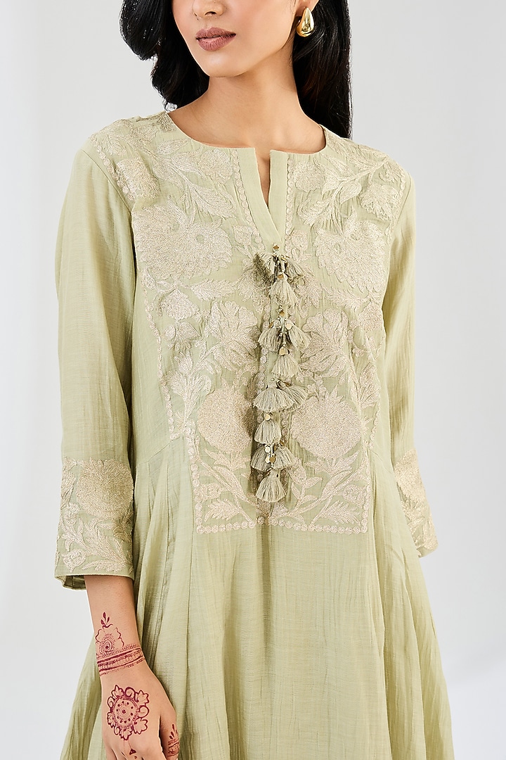 Pista Green Chanderi Thread Work Party Wear Anarkali Set by Made in Pinkcity at Pernia's Pop Up Shop