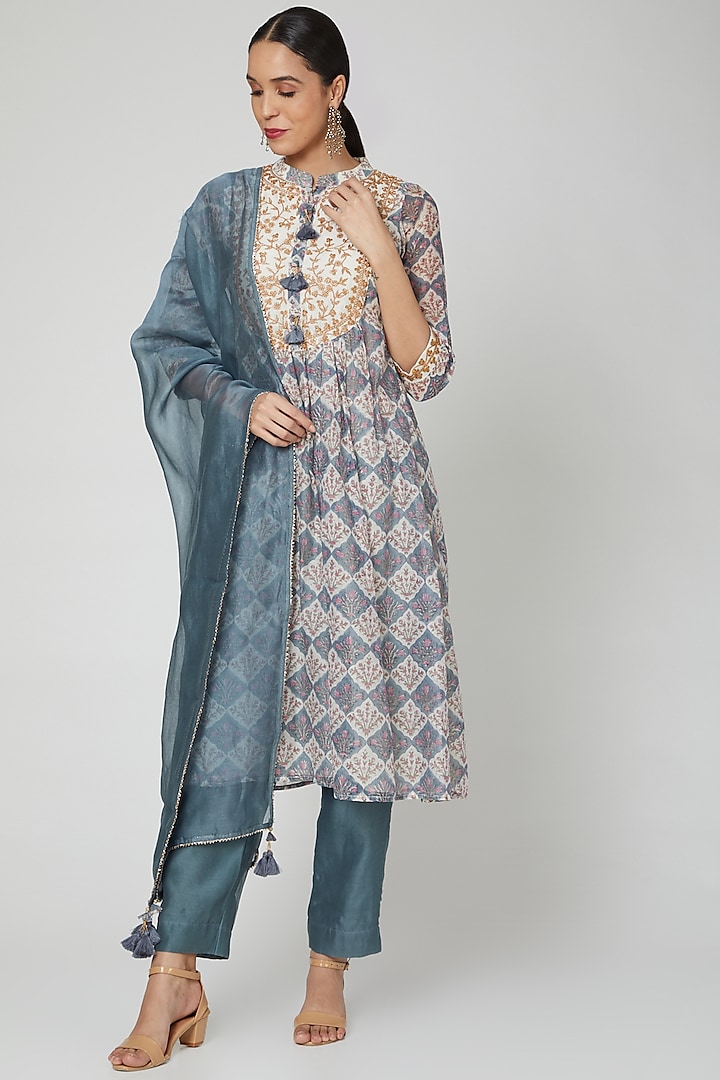 Grey Embroidered & Printed Anarkali Set by Made in Pinkcity 