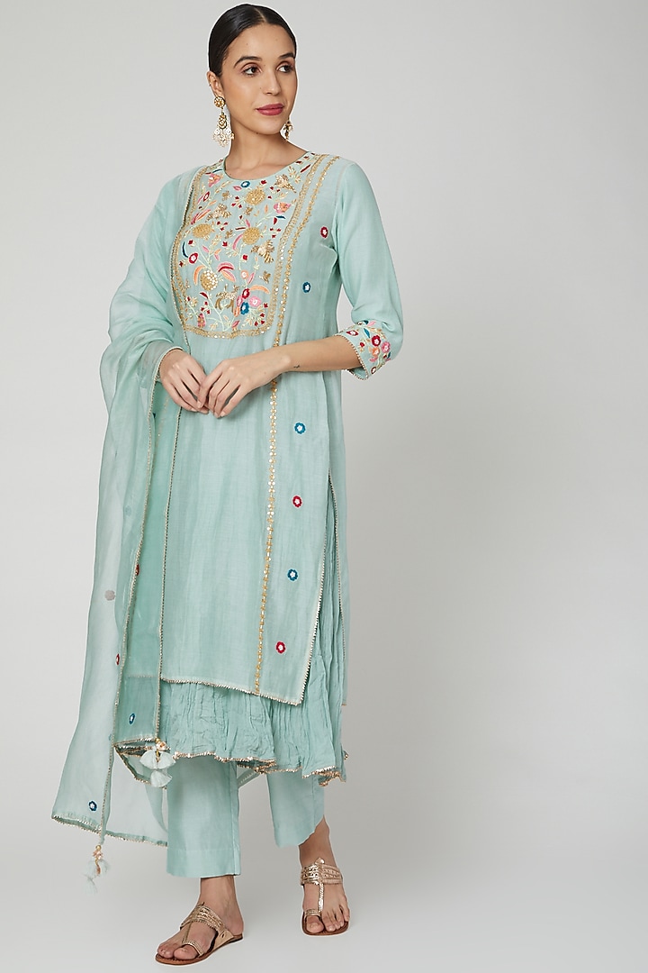 Powder Blue Yoke Embroidered Kurta Set by Made in Pinkcity at Pernia's Pop Up Shop