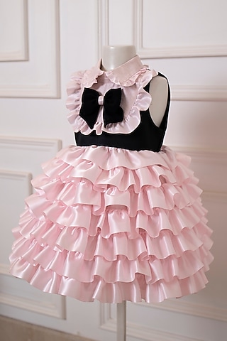 Pink & Black Matte Satin Dress For Girls by PNK Isha Arora (Pink)