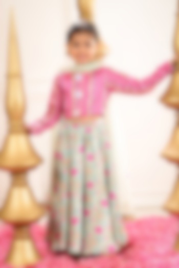 Sage Green Poly Satin & Cotton Printed Lehenga Set For Girls by PNK Isha Arora (Pink) at Pernia's Pop Up Shop