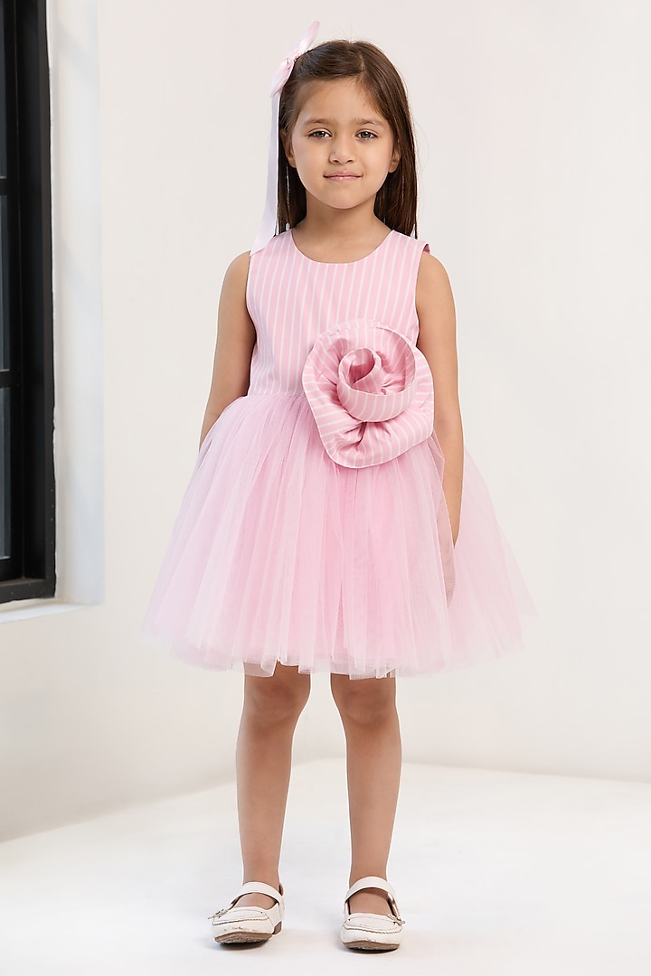 Pink & White Cotton Viscose Blend Striped Dress For Girls by PNK Isha Arora (Pink) at Pernia's Pop Up Shop