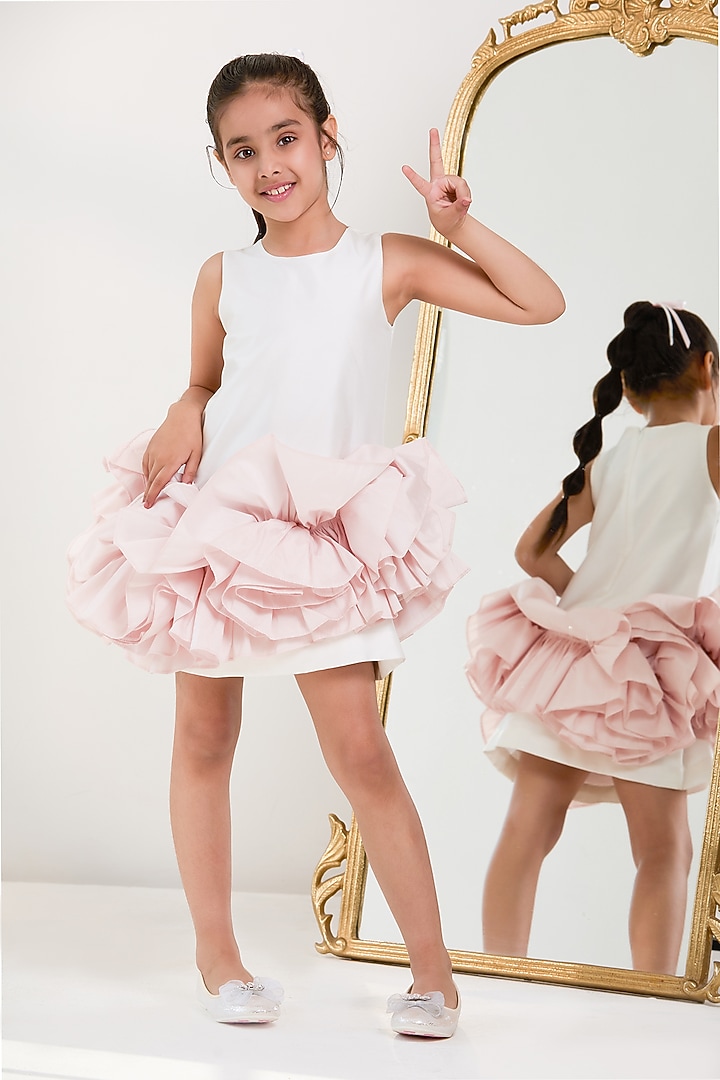 White Poly Taffeta Ruffled Dress For Girls by PNK Isha Arora (Pink) at Pernia's Pop Up Shop