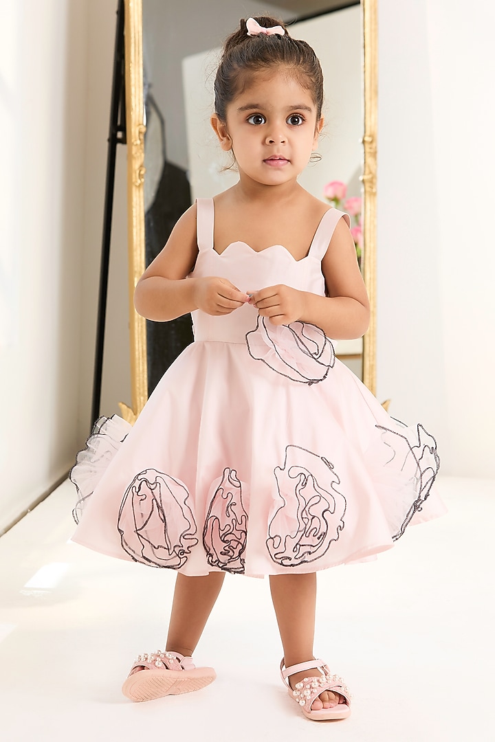 Pink Poly Taffeta Floral Flared Dress For Girls by PNK Isha Arora (Pink) at Pernia's Pop Up Shop
