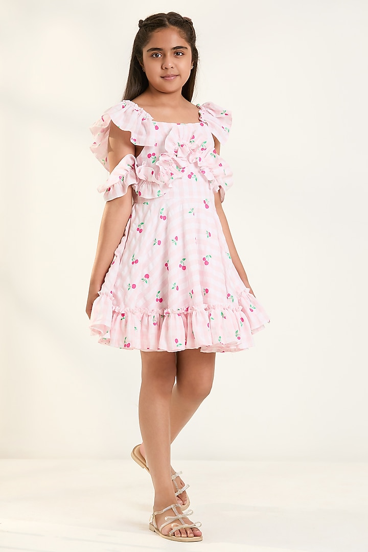 Pink Pure Cotton Printed Ruffled Dress For Girls by PNK Isha Arora (Pink) at Pernia's Pop Up Shop