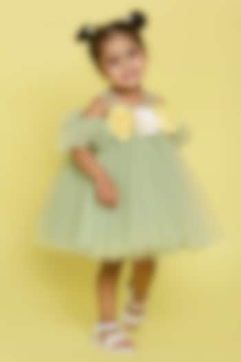 Sage Green Tulle Floral Flared Dress For Girls by PNK Isha Arora (Pink) at Pernia's Pop Up Shop