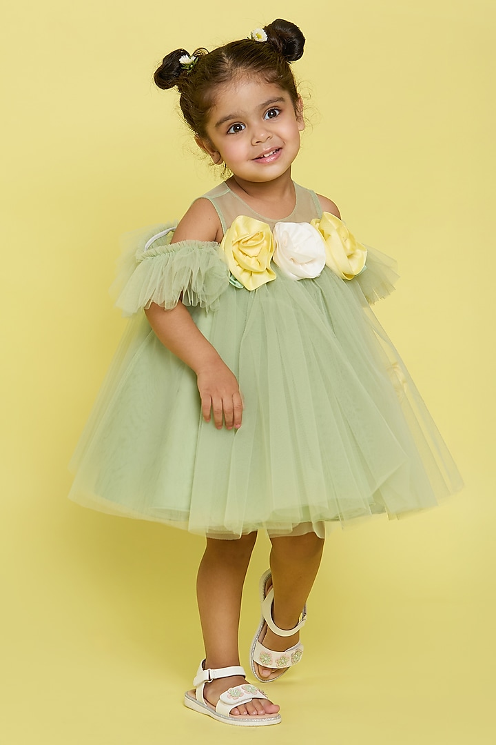 Sage Green Tulle Floral Flared Dress For Girls by PNK Isha Arora (Pink) at Pernia's Pop Up Shop