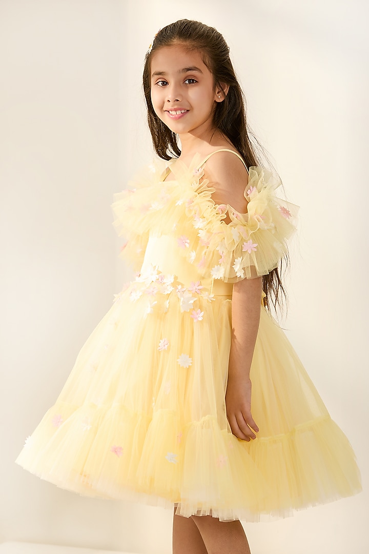 Yellow Tulle Flared Dress For Girls by PNK Isha Arora (Pink) at Pernia's Pop Up Shop