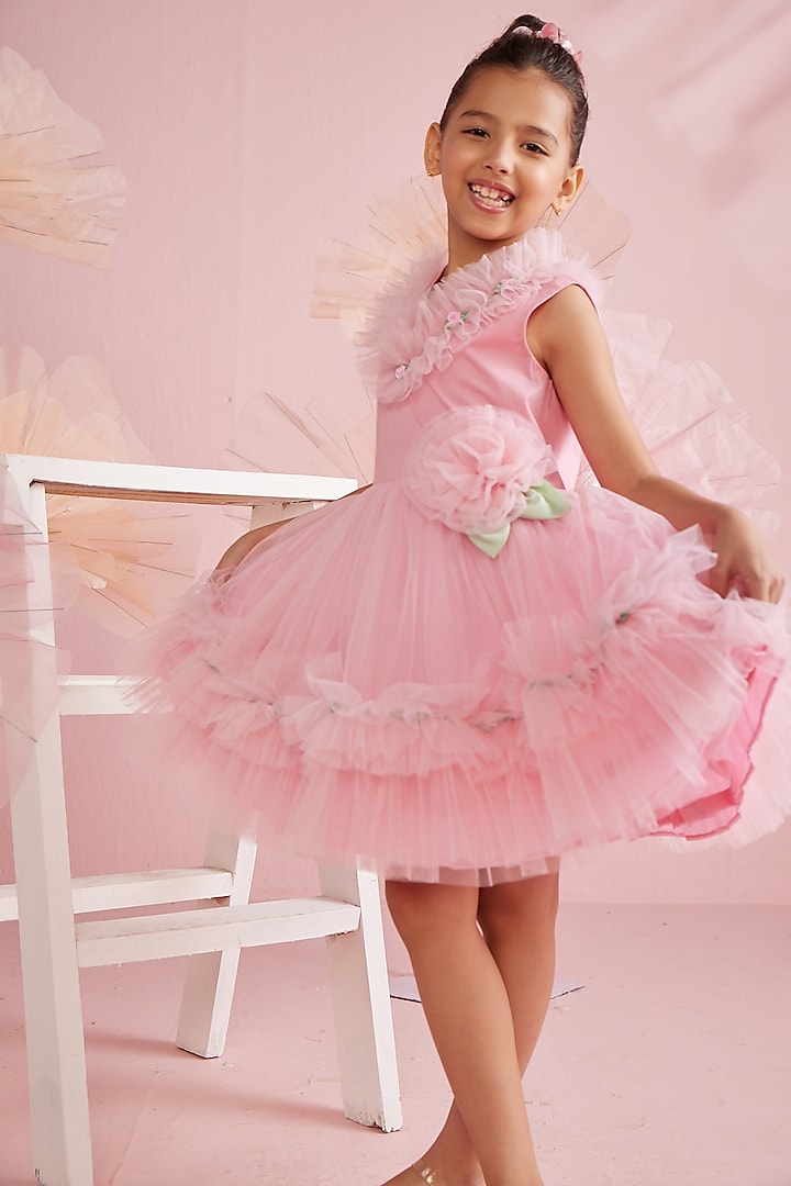 Pink Cotton Lycra & Net Ruffled Dress For Girls by PNK Isha Arora (Pink)