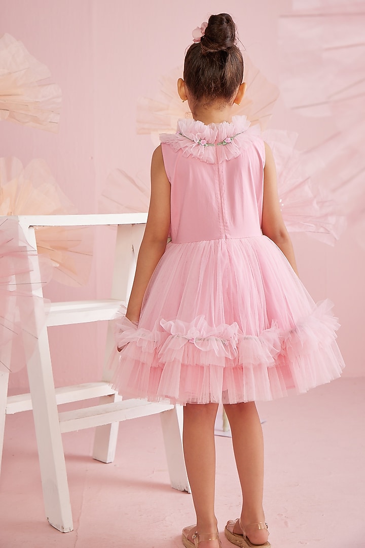 Pink Cotton Lycra & Net Ruffled Dress For Girls by PNK Isha Arora (Pink) at Pernia's Pop Up Shop